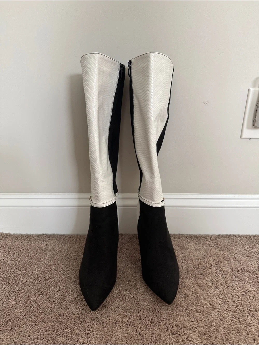 SHEIN Black and White Two-Tone Over-the-Knee Pointed Boots